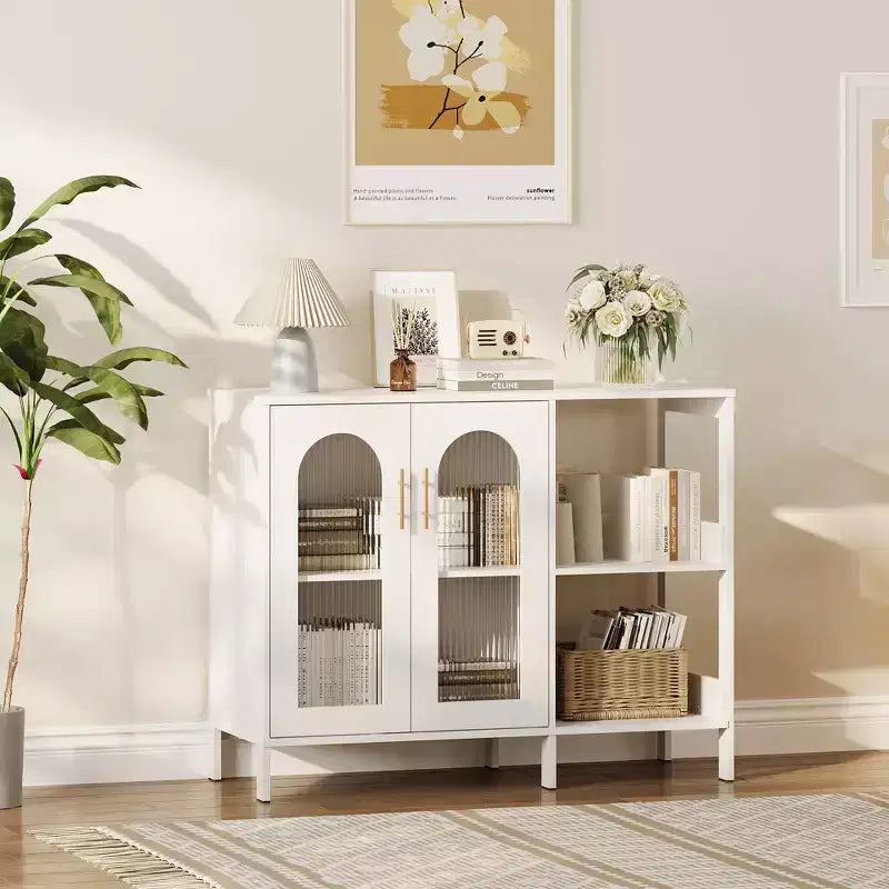 Credenza a Buffet da 40 Pollici con Ante in Vetro e Scaffale Aperto a 2 Livelli