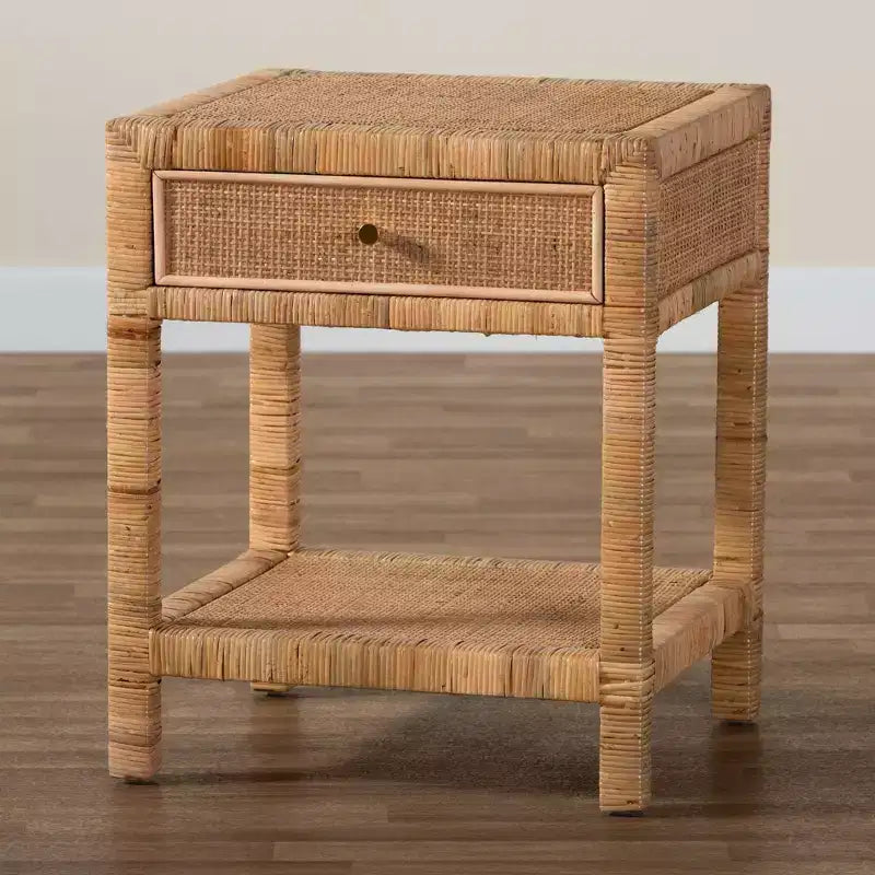 Comodino a 1 cassetto in rattan e mogano con ripiano aperto