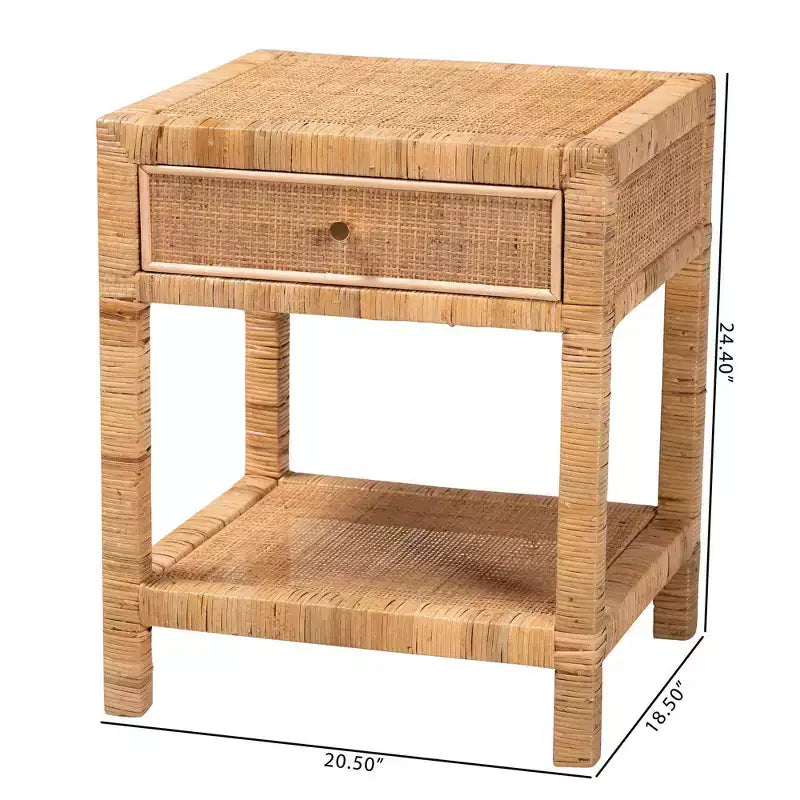 Comodino a 1 cassetto in rattan e mogano con ripiano aperto