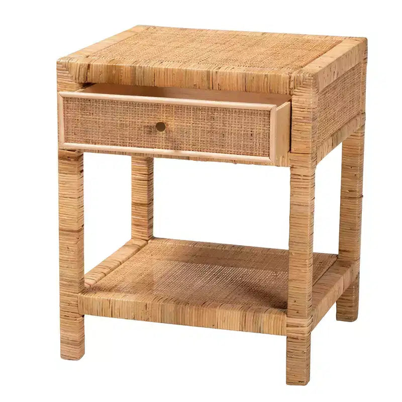 Comodino a 1 cassetto in rattan e mogano con ripiano aperto