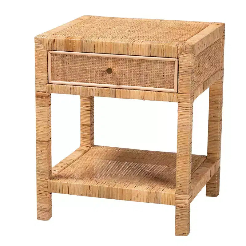 Comodino a 1 cassetto in rattan e mogano con ripiano aperto