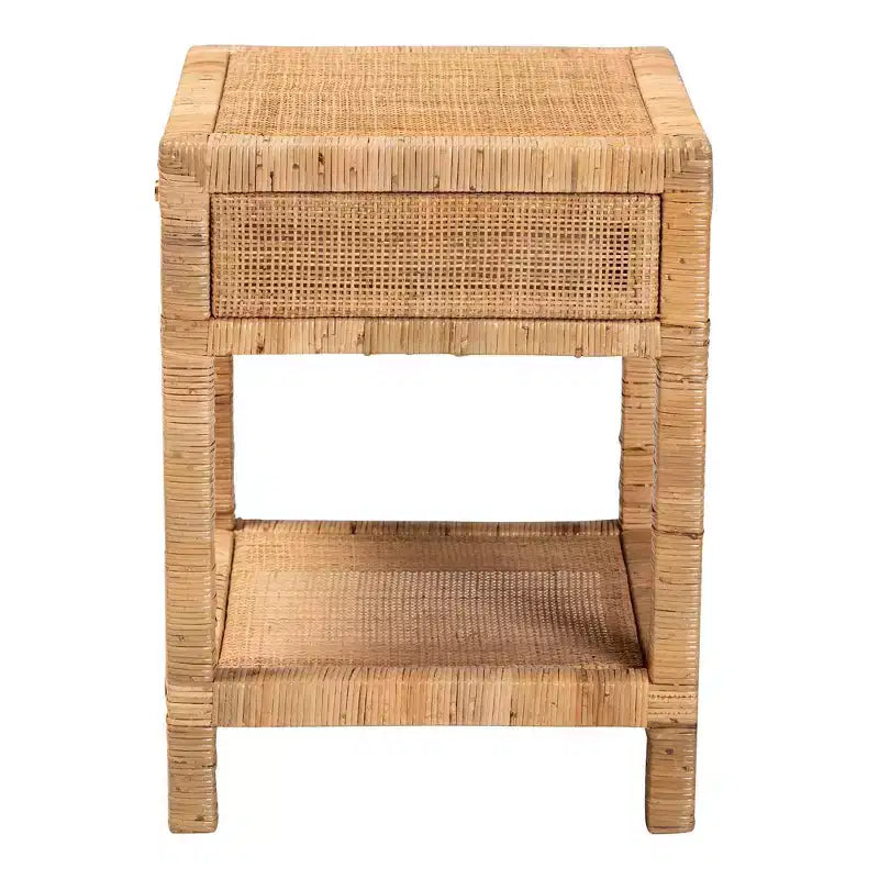 Comodino a 1 cassetto in rattan e mogano con ripiano aperto