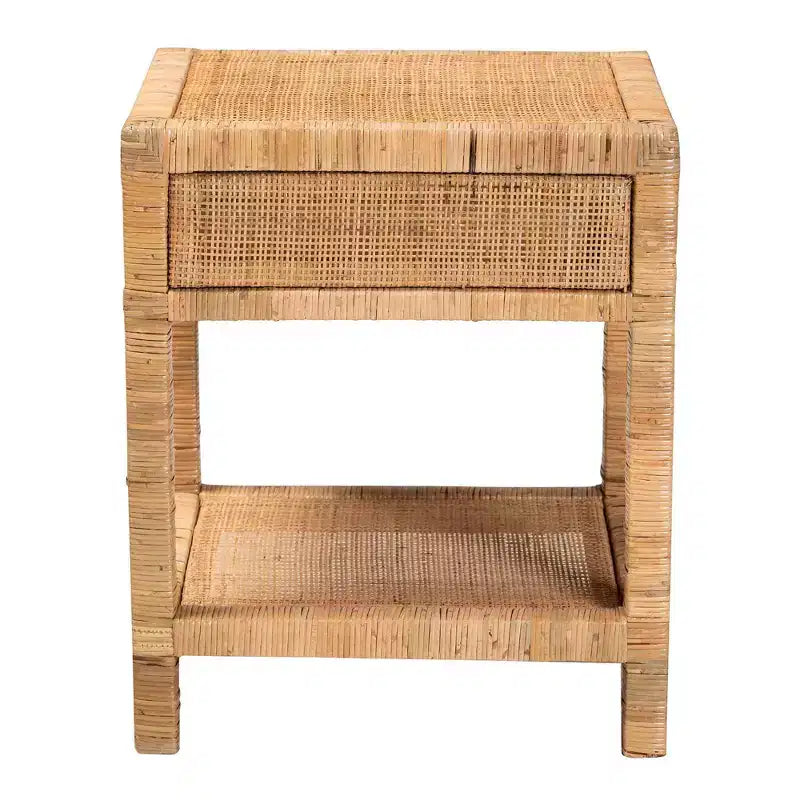 Comodino a 1 cassetto in rattan e mogano con ripiano aperto