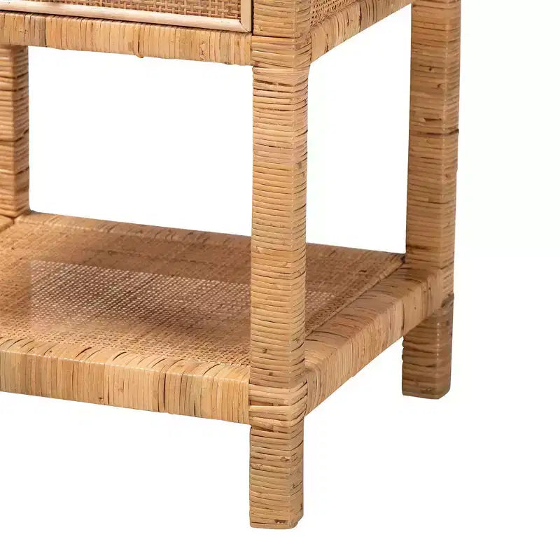 Comodino a 1 cassetto in rattan e mogano con ripiano aperto