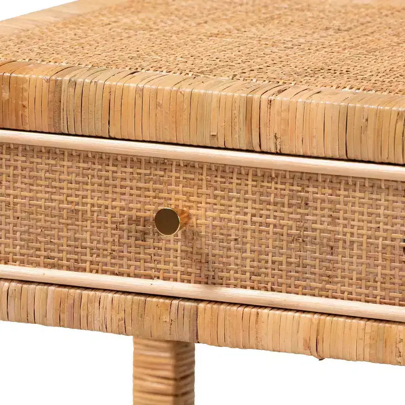 Comodino a 1 cassetto in rattan e mogano con ripiano aperto