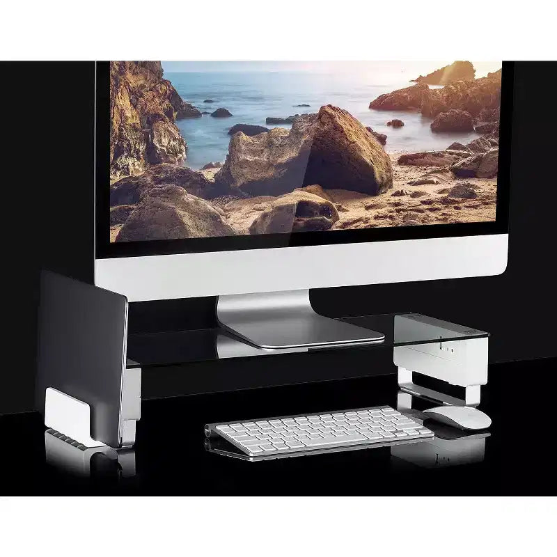Supporto per monitor con superficie in vetro temperato e 3 porte USB