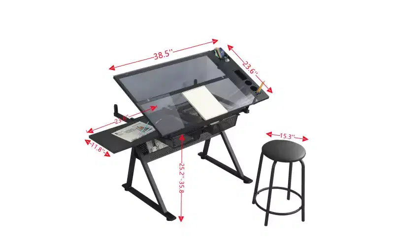Tavolo da disegno regolabile in vetro temperato con sedia
