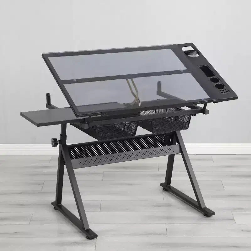 Tavolo da disegno regolabile in vetro temperato con sedia