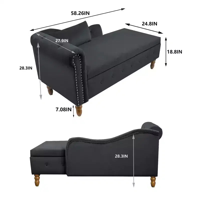 Chaise longue in velluto con contenitore e borchie decorative