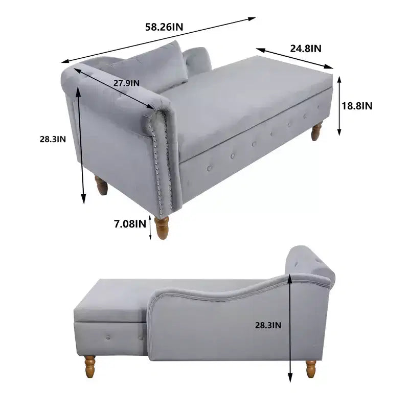 Chaise longue in velluto con contenitore e borchie decorative