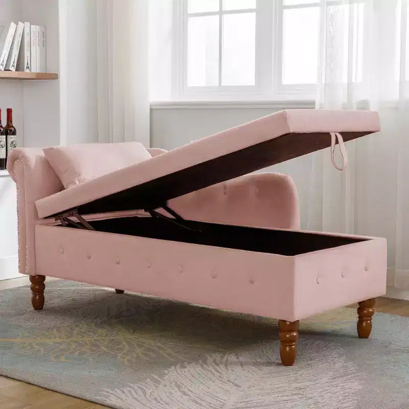 Chaise longue in velluto con contenitore e borchie decorative