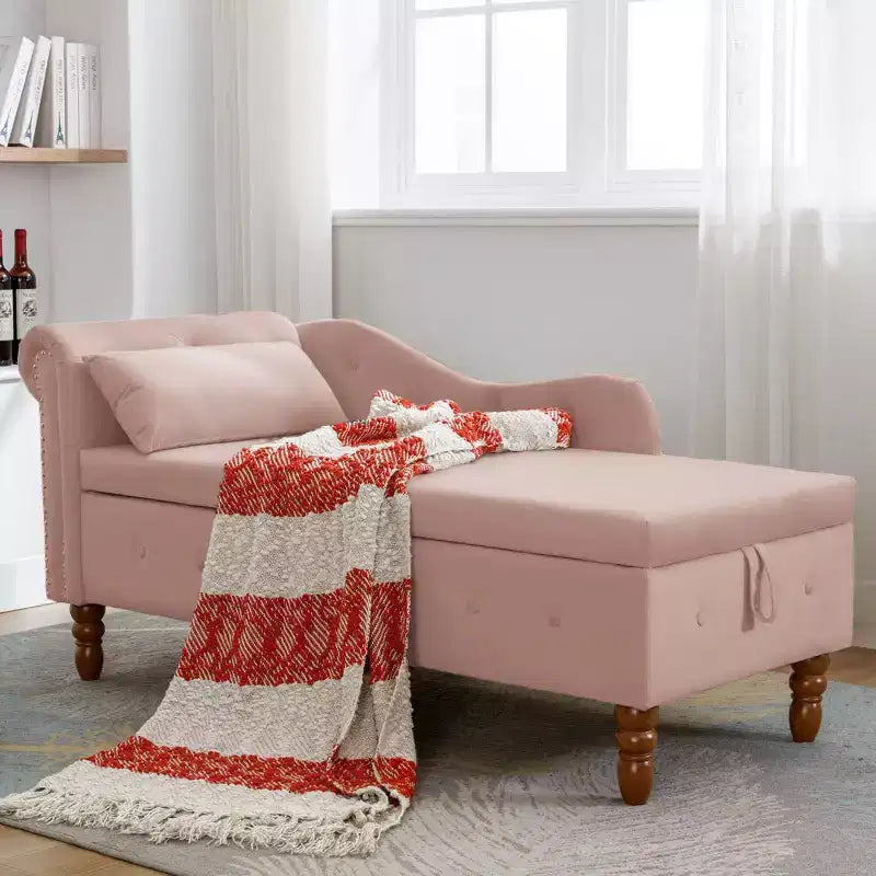 Chaise longue in velluto con contenitore e borchie decorative